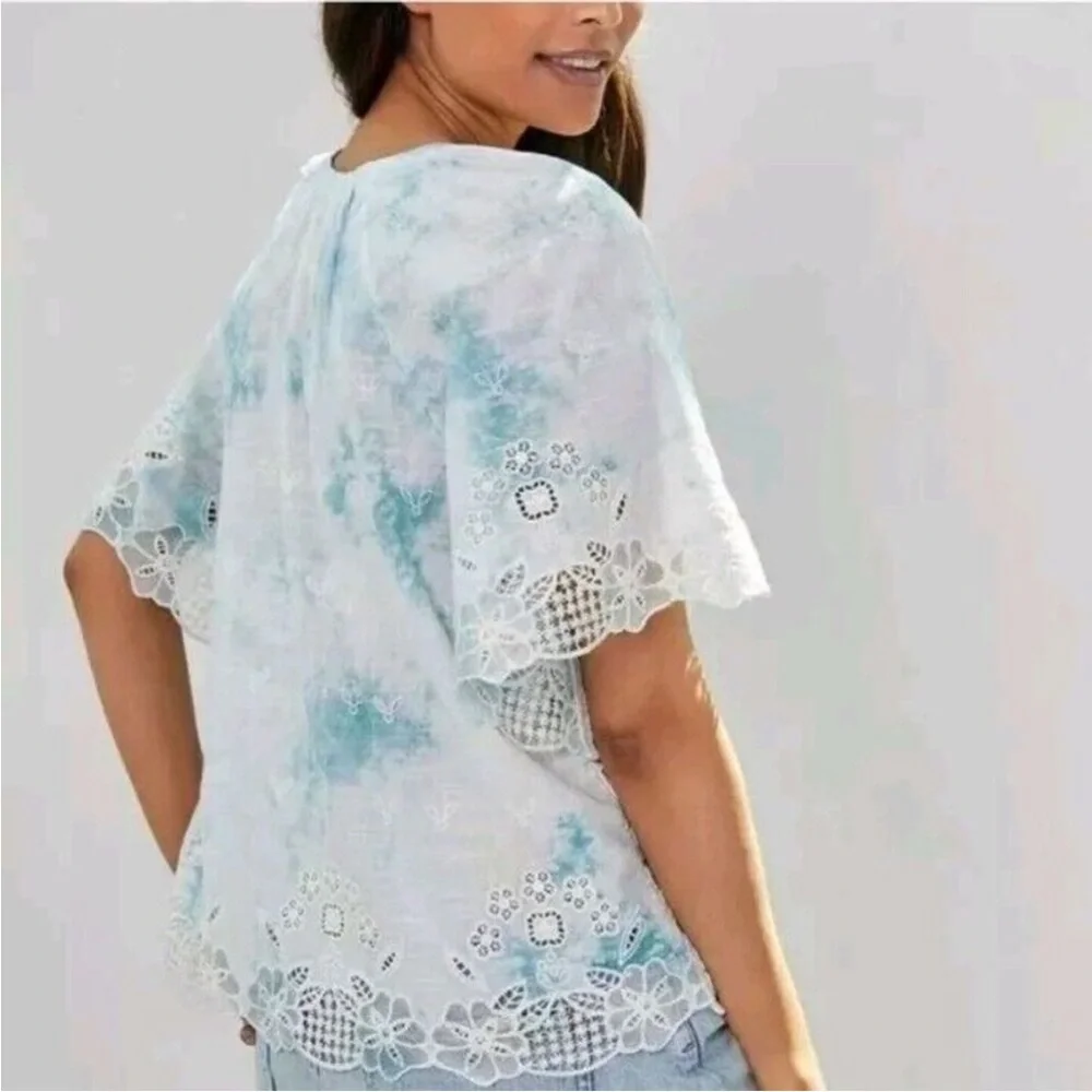 Anthropologie Embroidered Tie Dye Eyelet Lace Boho Puff‎ Sleeve Blouse